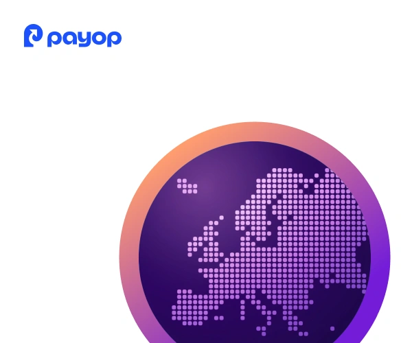 A pixelated digital map of Europe on a purple circle with an orange border, accompanied by the Payop logo in the top left corner.