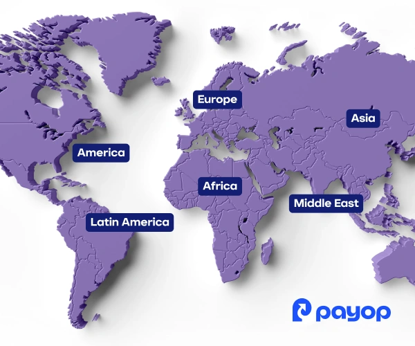 3D purple world map with labels for America, Latin America, Europe, Africa, Middle East, and Asia, featuring the Payop logo.
