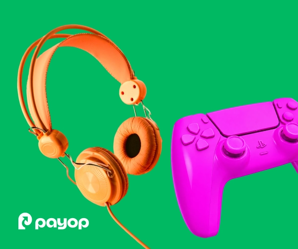 Orange headphones and a pink game controller float on a bright green background with the Payop logo